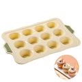 Beige 12-pack silicone muffin pan with nonstick surface, ideal for baking cupcakes and muffins, by Everything Baby.