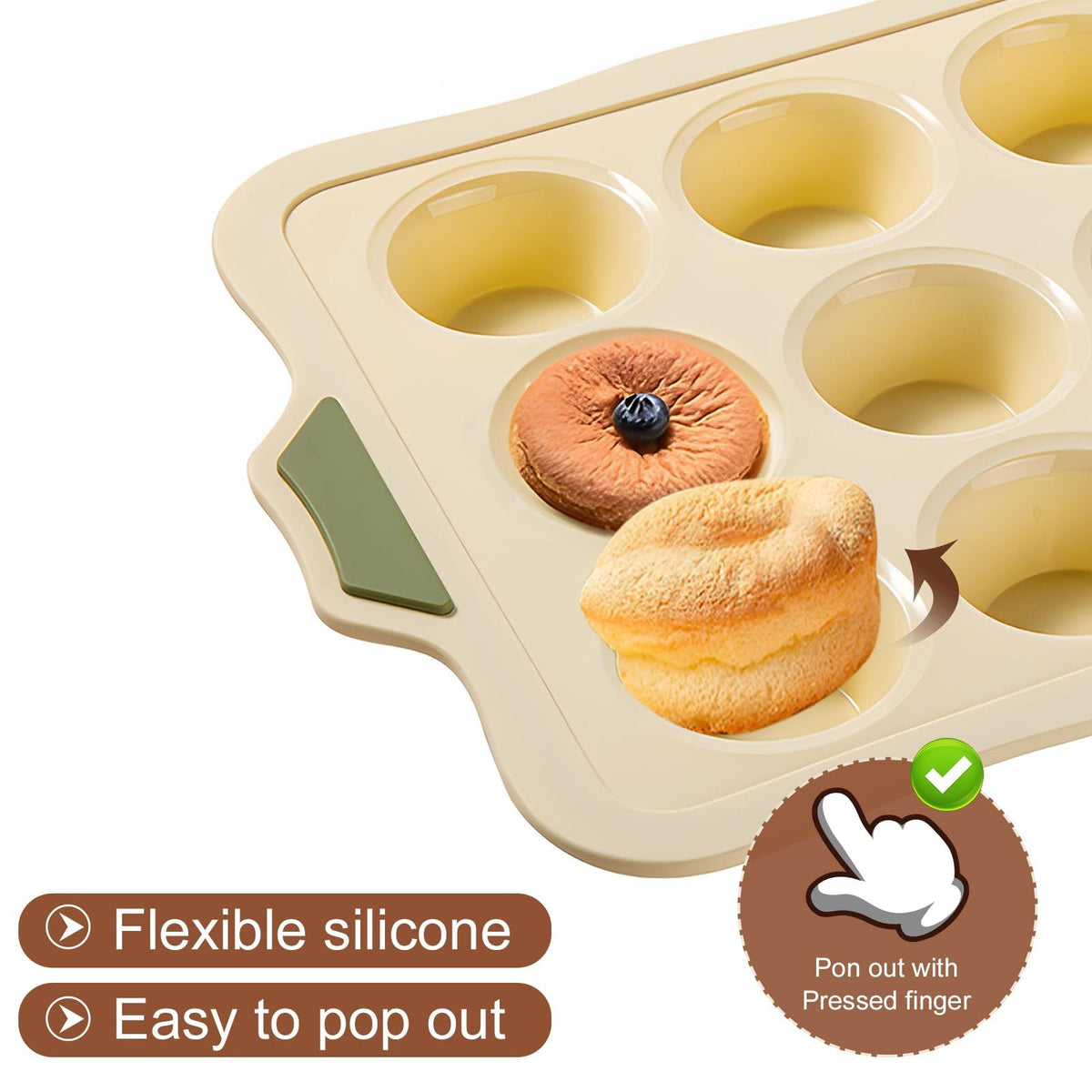 Beige silicone muffin pan with 12 nonstick cupcake molds, ideal for baking muffins and cupcakes, from Everything Baby.