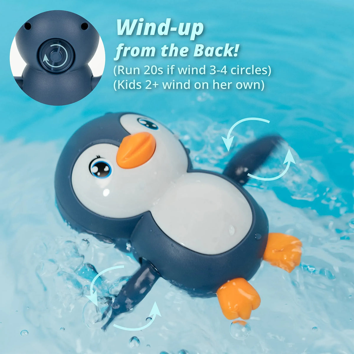 Blue wind-up penguin bath toy for kids, perfect for pretend play and bath time fun, from Everything Baby.
