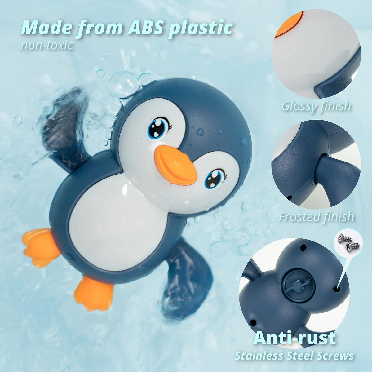 Blue wind-up swimming penguin bath toy for kids, perfect for pretend play and bath time fun by Everything Baby.