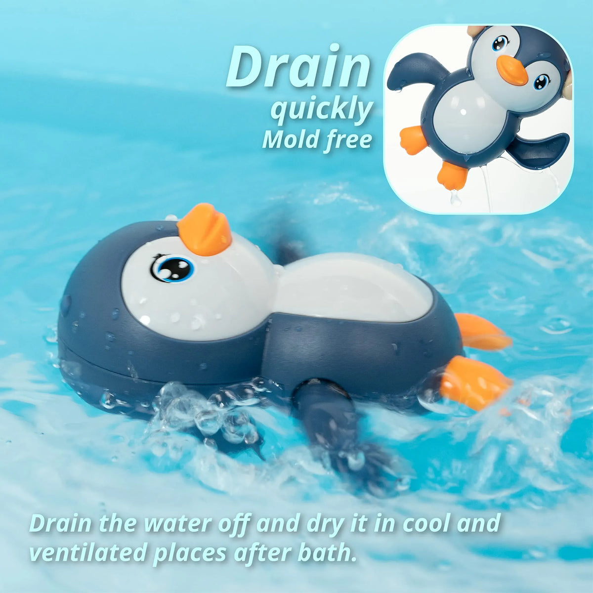 Blue wind-up penguin bath toy from Everything Baby, designed for kids' pretend play and bath time fun.