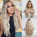 Long wavy platinum blonde lace front wig for women with middle part and baby hair, featuring gray lace and natural waves.