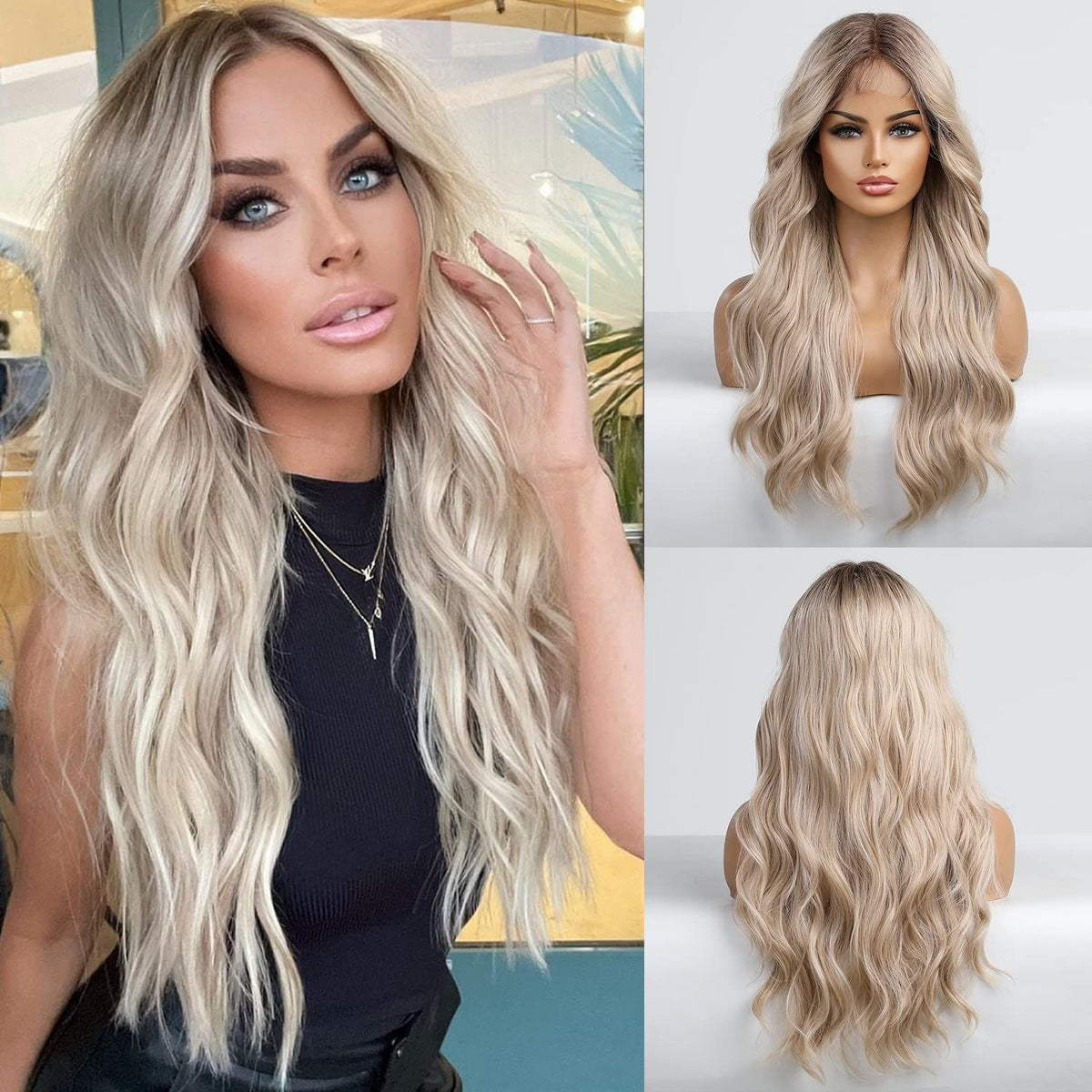 Long wavy platinum blonde lace front wig for women with middle part and baby hair, featuring gray lace and natural waves.