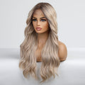 Long wavy platinum blonde lace front wig for women with middle part and baby hair, featuring gray lace and natural styling.