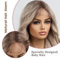 Long wavy platinum blonde lace front wig for women with middle part and baby hair, featuring a natural lace and gray accents.