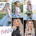 Long wavy platinum blonde lace front wig with middle part and baby hair, designed for women.