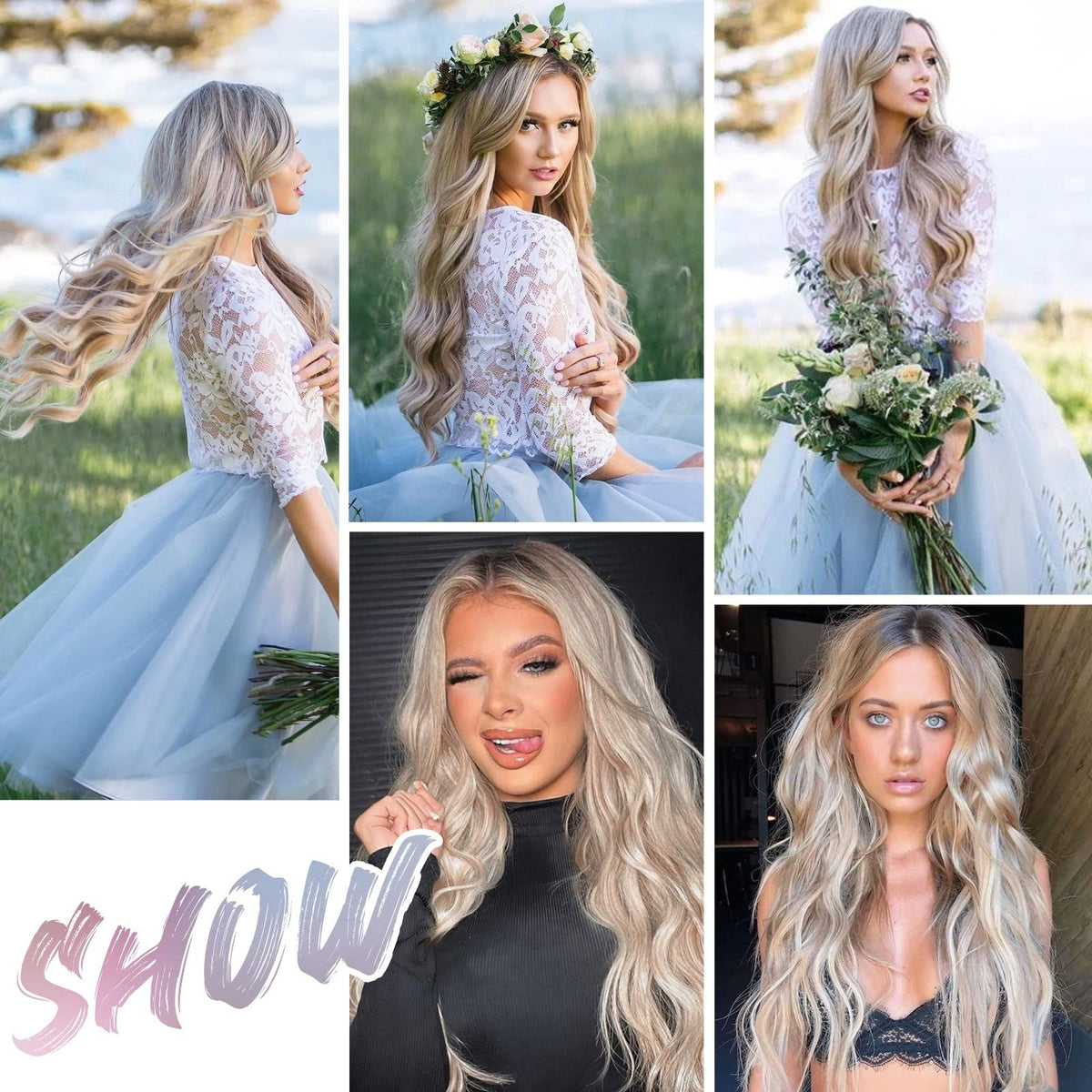 Long wavy platinum blonde lace front wig with middle part and baby hair, designed for women.
