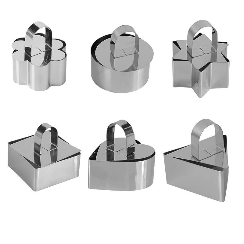 Set of 6 stainless steel 3-inch cake ring molds with pusher and lifter for baking, dessert, mousse, and tartare preparation.