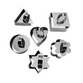 Set of 6 stainless steel 3-inch round cake ring molds with pusher and lifter for desserts and mousse.