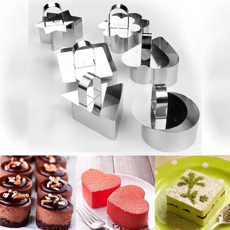 Set of 6 stainless steel 3-inch cake ring molds with pusher and lifter for mousse, tartare, and dessert preparation.