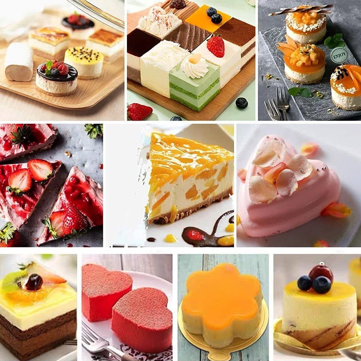 Set of 6 stainless steel 3-inch cake ring molds with pusher and lifter, used for dessert and mousse shaping, in a pretend play setting.