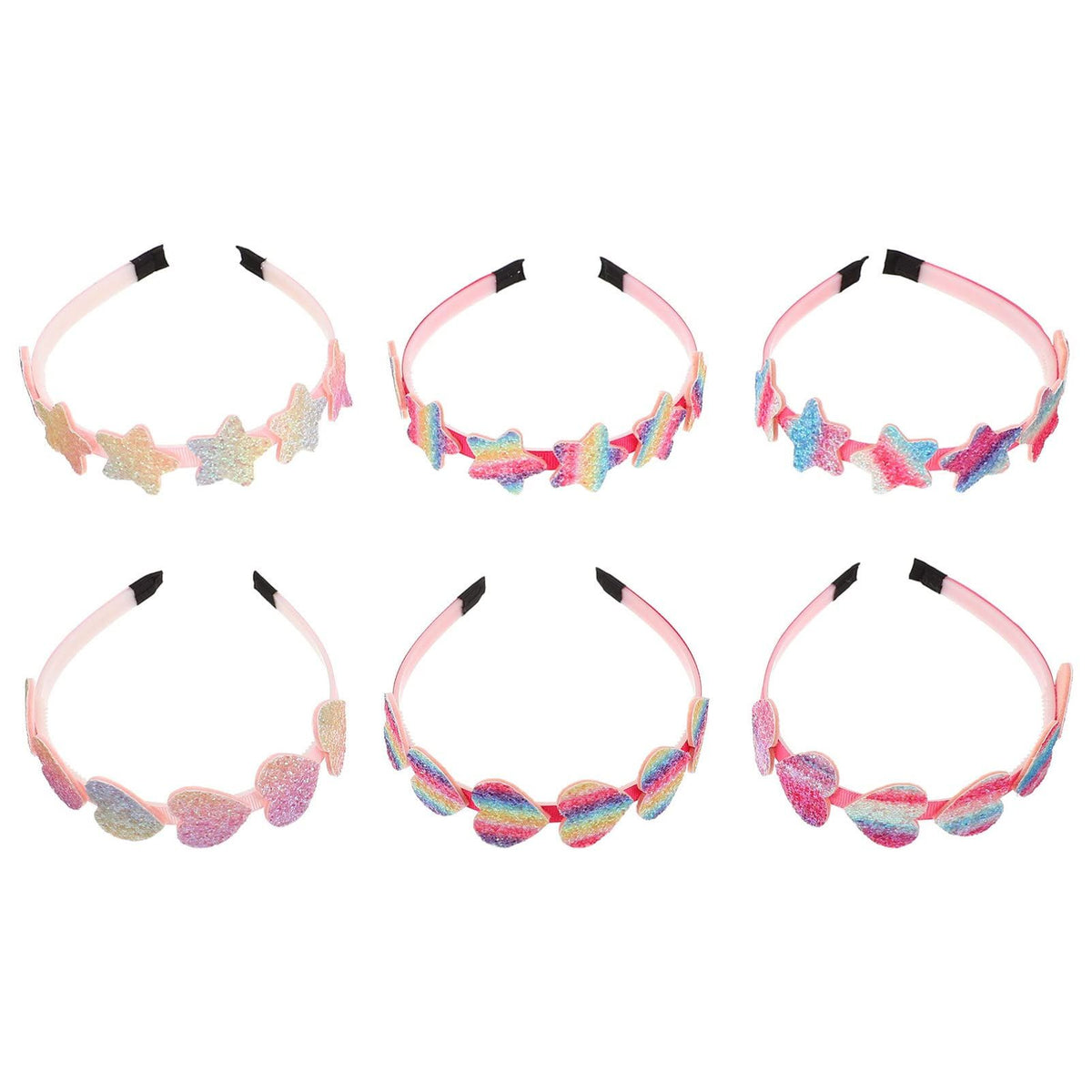 Six colorful glitter headbands for girls featuring rainbow and star designs, perfect for baby and toddler fashion.