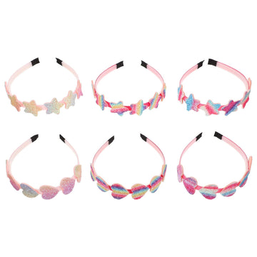 Six colorful glitter headbands for girls featuring rainbow and star designs, perfect for baby and toddler fashion.