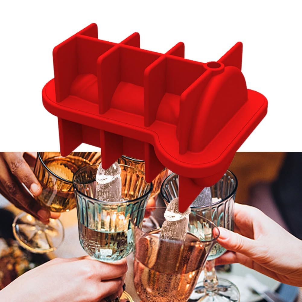 Red silicone ice cube mold tray for making funny ice blocks for cocktails, whiskey, and coffee, ideal for pretend play toys.