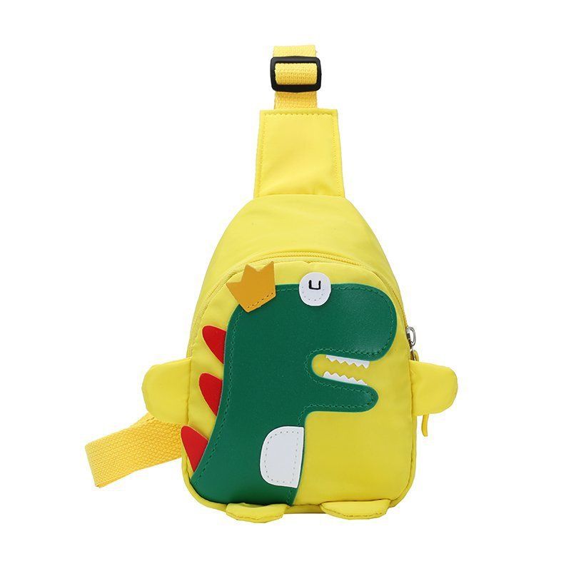 Cute children's sling bag featuring a cartoon crown dinosaur design, nylon material, small size, ideal as a kid's shoulder or coin purse