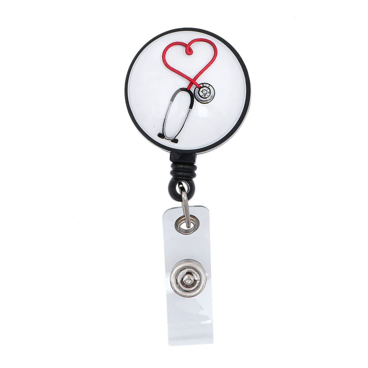 Medical stethoscope retractable badge holder reel clip for doctors, nurses, and medical students with caduceus design.
