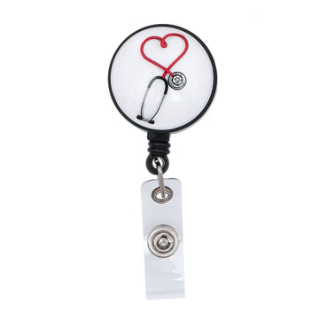 Medical stethoscope retractable badge holder reel clip for doctors, nurses, and medical students with caduceus design.