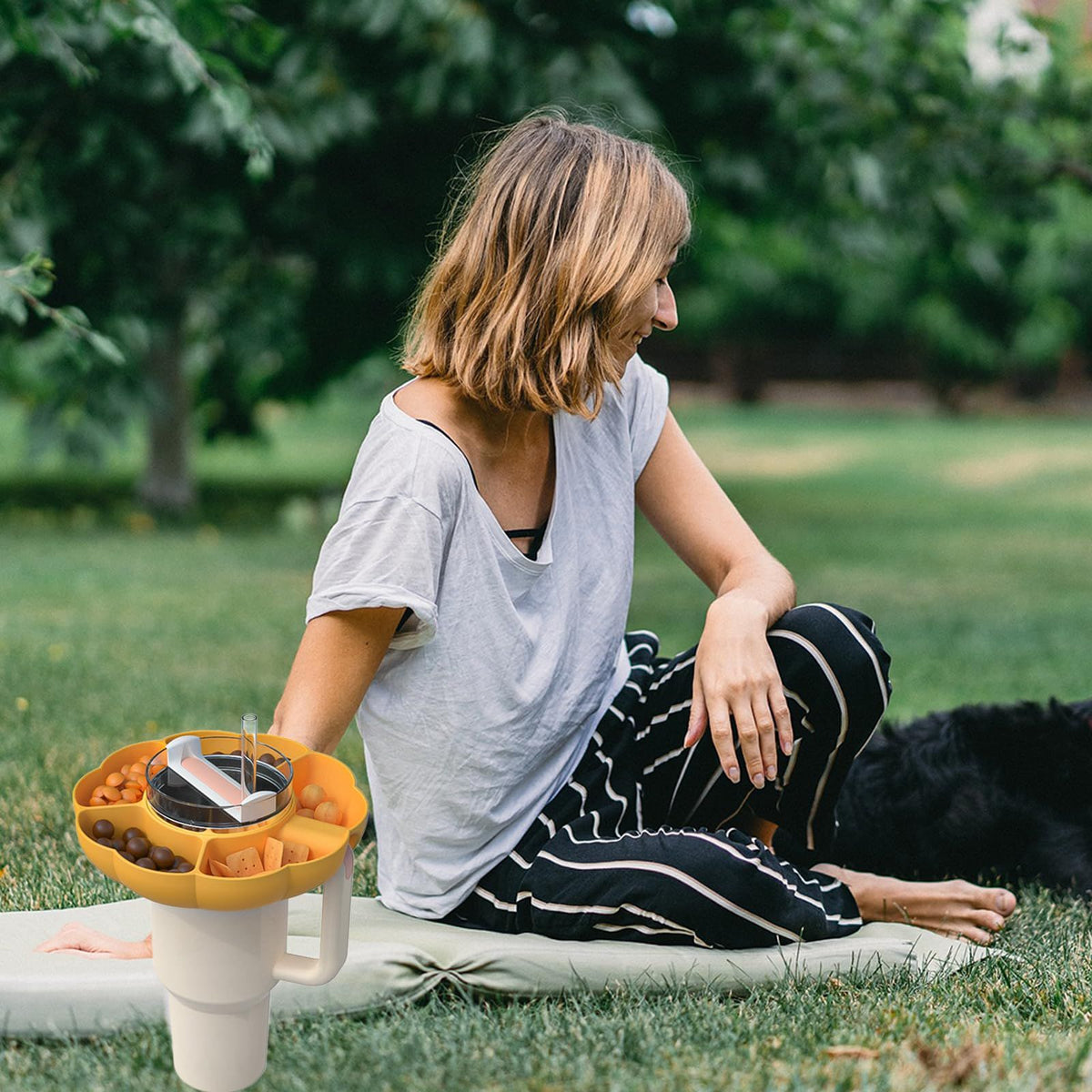 Silicone snack tray with handle for 40 oz snack ring, compatible with baby and kids nursing and feeding accessories.