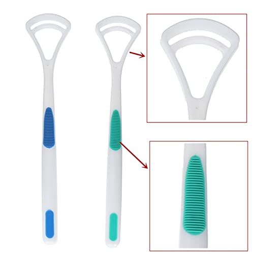 Two tongue scraper cleaning tools from Everything Baby for oral hygiene, designed to help freshen breath and remove tongue coating.