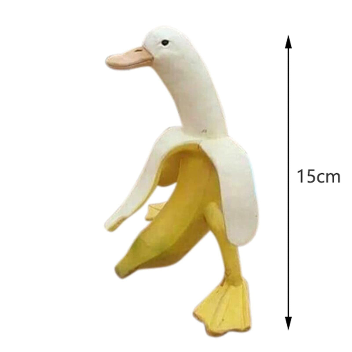 Whimsical banana duck sculpture by Everything Baby, outdoor garden statue featuring a playful duck with a peeled banana body.
