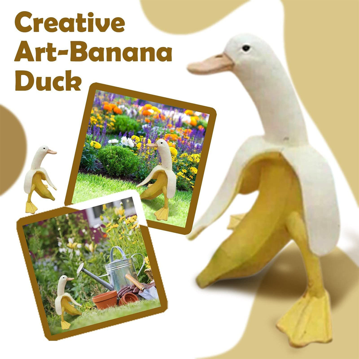 Whimsical duck sculpture with banana body, outdoor garden statue by Everything Baby, playful yard art for indoor and outdoor spaces