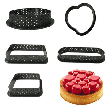 Set of five perforated oval tart rings from Everything Baby, ideal for baking French desserts, mousse cakes, and pastry molds.