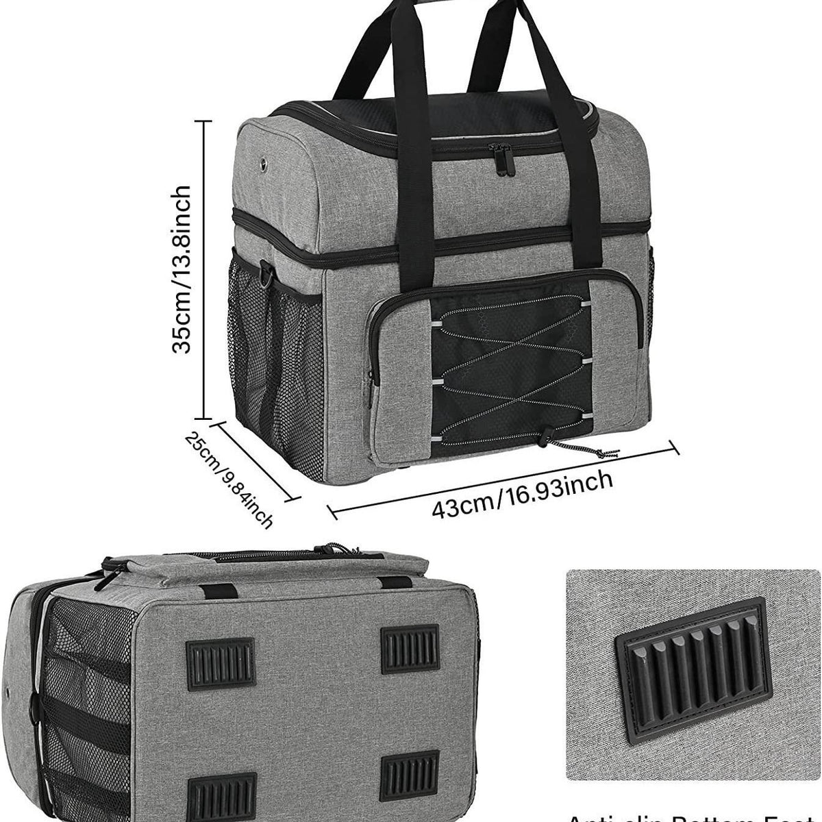 Baby and kids outdoor toy bowling tote by Everything Baby with wooden bowling cups, padded divider, for double balls and shoes.