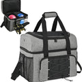 Baby and kid's outdoor bowling tote from Everything Baby with wooden cups, padded divider, for double balls and shoes, men's size.