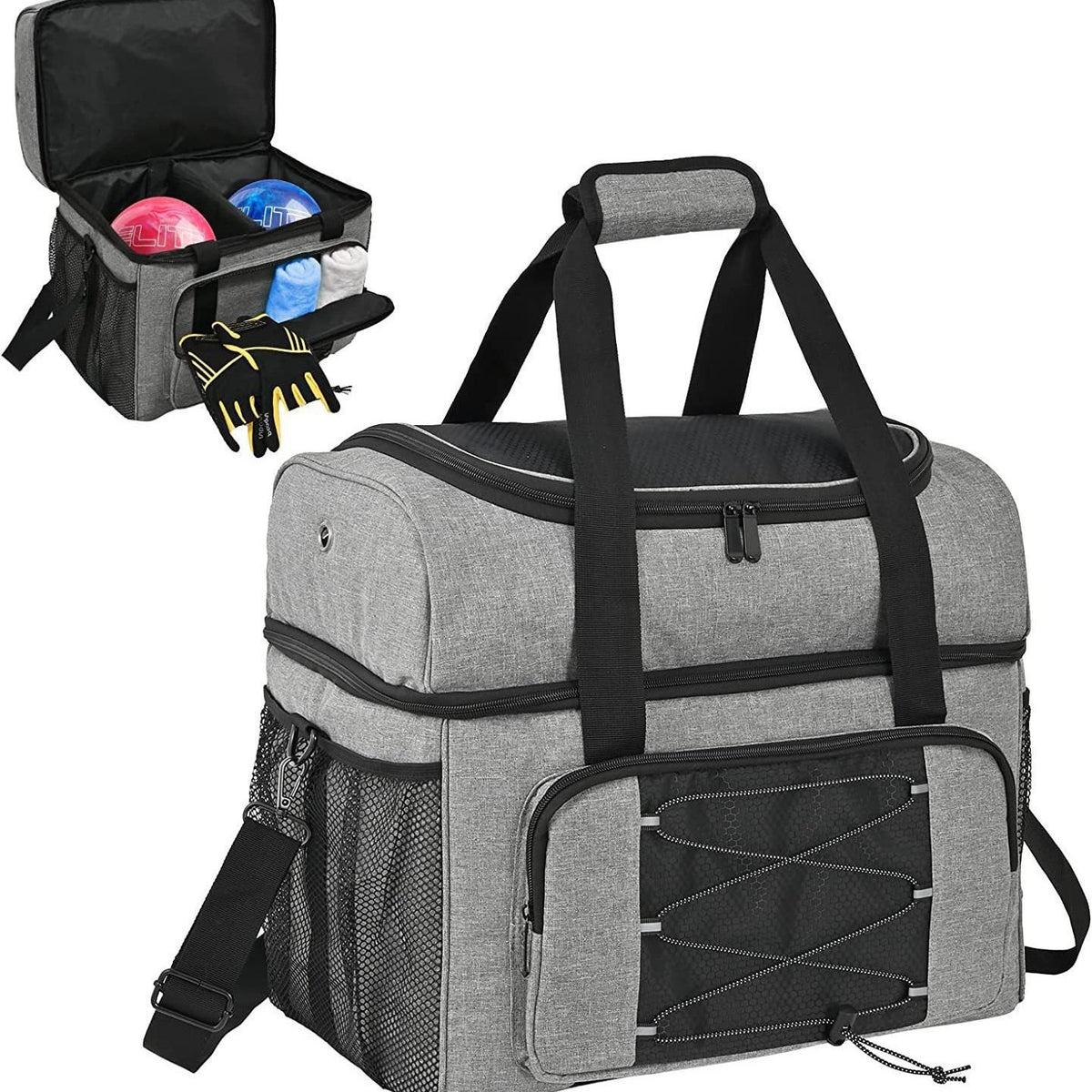 Baby and kid's outdoor bowling tote from Everything Baby with wooden cups, padded divider, for double balls and shoes, men's size.