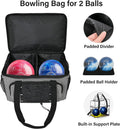 Bowling tote bag by Everything Baby with wooden cups, padded divider, designed for double balls and kids' bowling shoes.