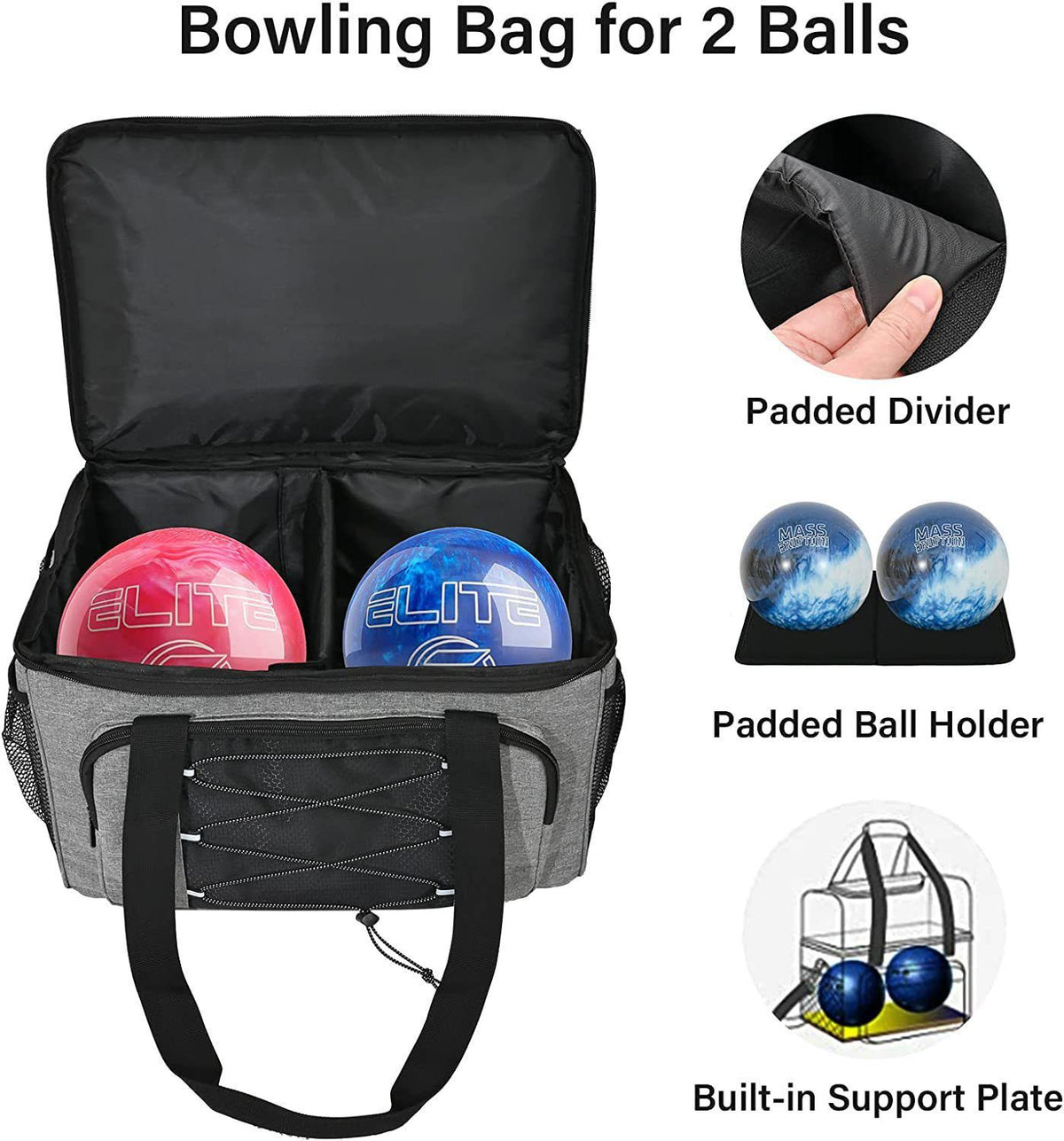 Bowling tote bag by Everything Baby with wooden cups, padded divider, designed for double balls and kids' bowling shoes.
