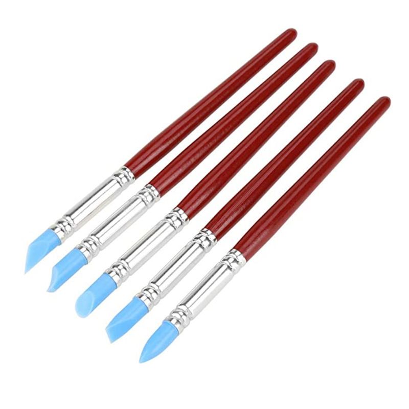 Set of 5 clay color sculpting shapers with flexible rubber tips for carving and shaping clay or paint, ideal for art and drawing projects.