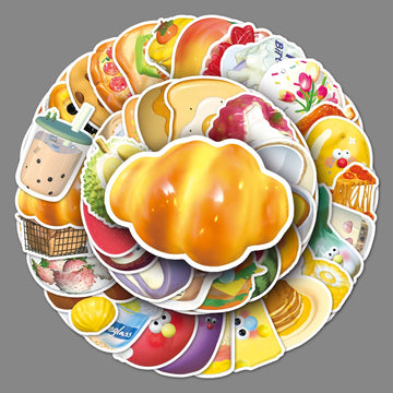 Set of 50 waterproof cute fast food stickers including chips, hamburgers, and treats for kids and teens pretend play.