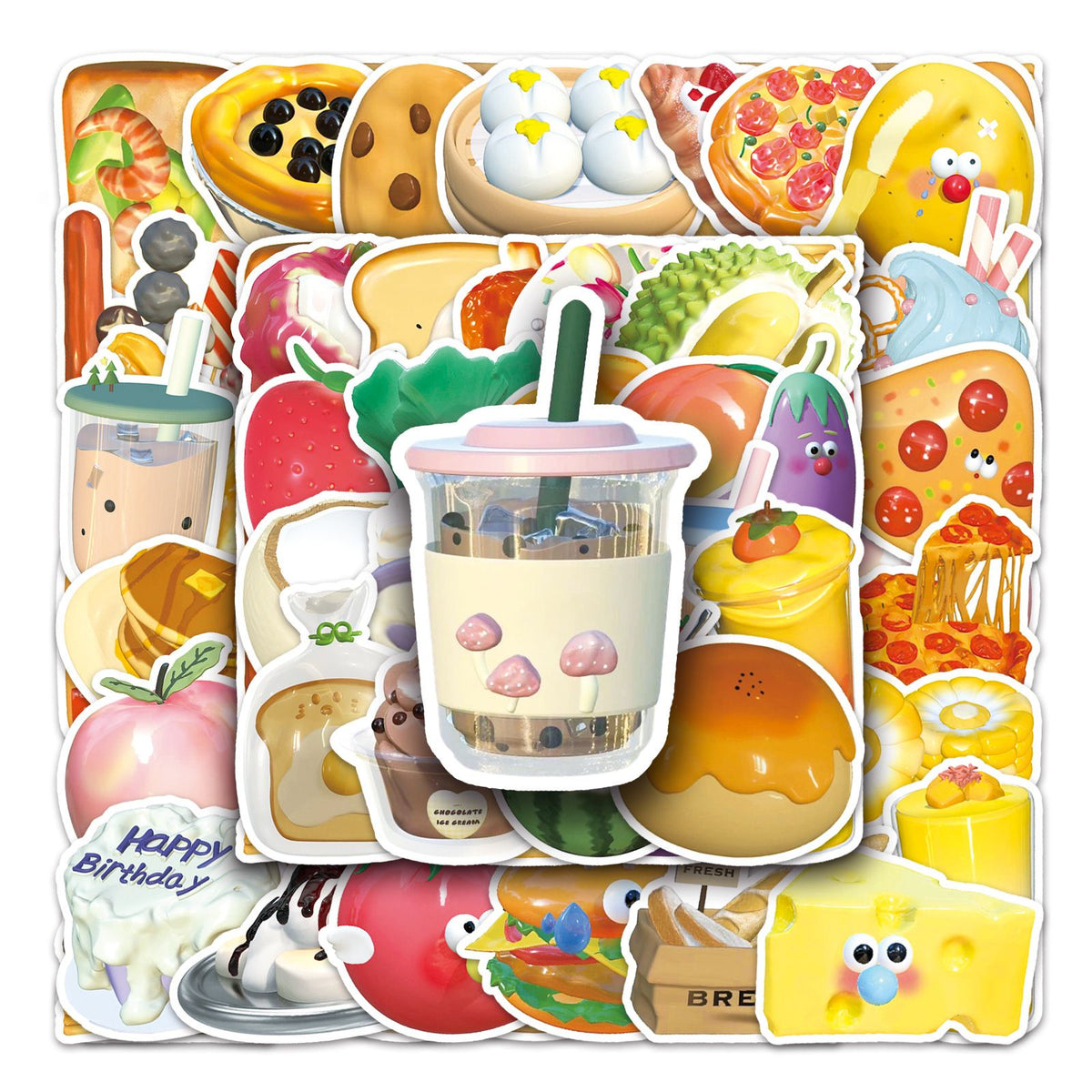 Set of 50 cute fast food stickers including chips and hamburgers, waterproof and perfect for kids' pretend play and decorating.