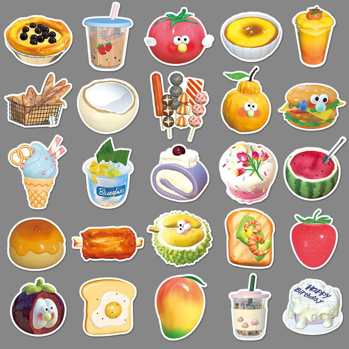 Set of 50 waterproof food stickers featuring cute fast food designs like chips and hamburgers for kids and teens.