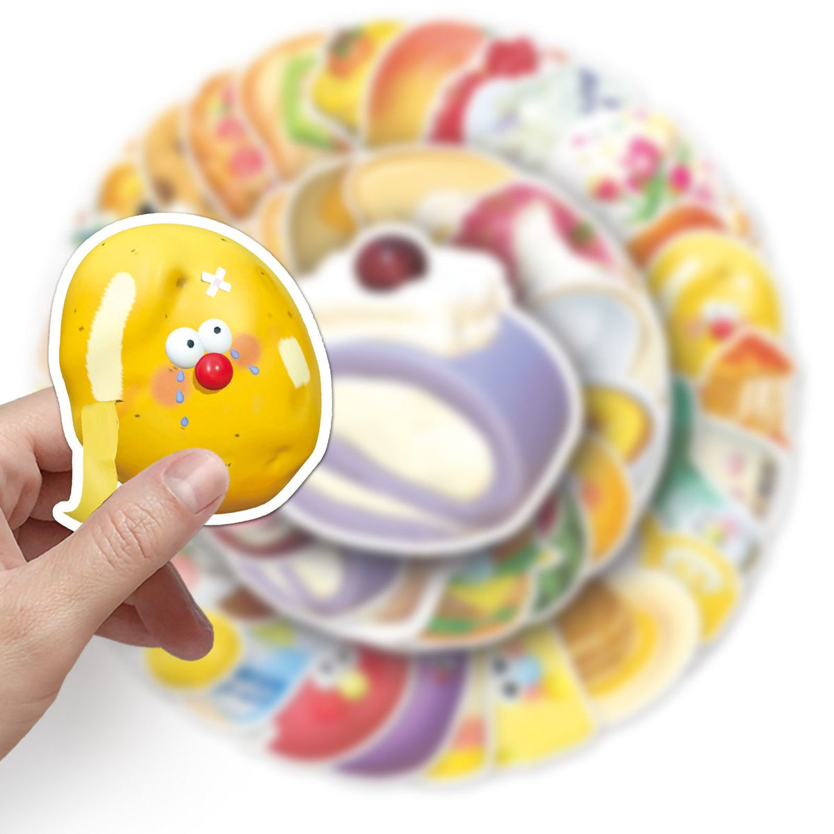 Set of 50 waterproof fast food stickers featuring cute chips, hamburgers, and snack designs for kids and teens pretend play.