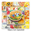 Set of 50 waterproof fast food stickers featuring chips, hamburgers, and more, perfect for kids' pretend play and decorating.