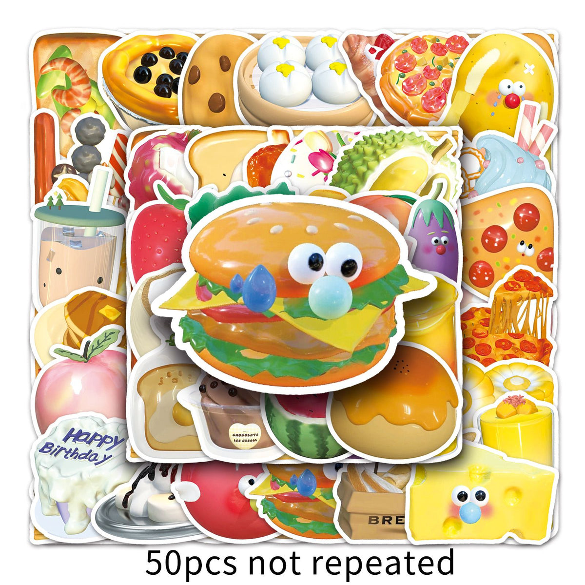 Set of 50 waterproof fast food stickers featuring chips, hamburgers, and more, perfect for kids' pretend play and decorating.