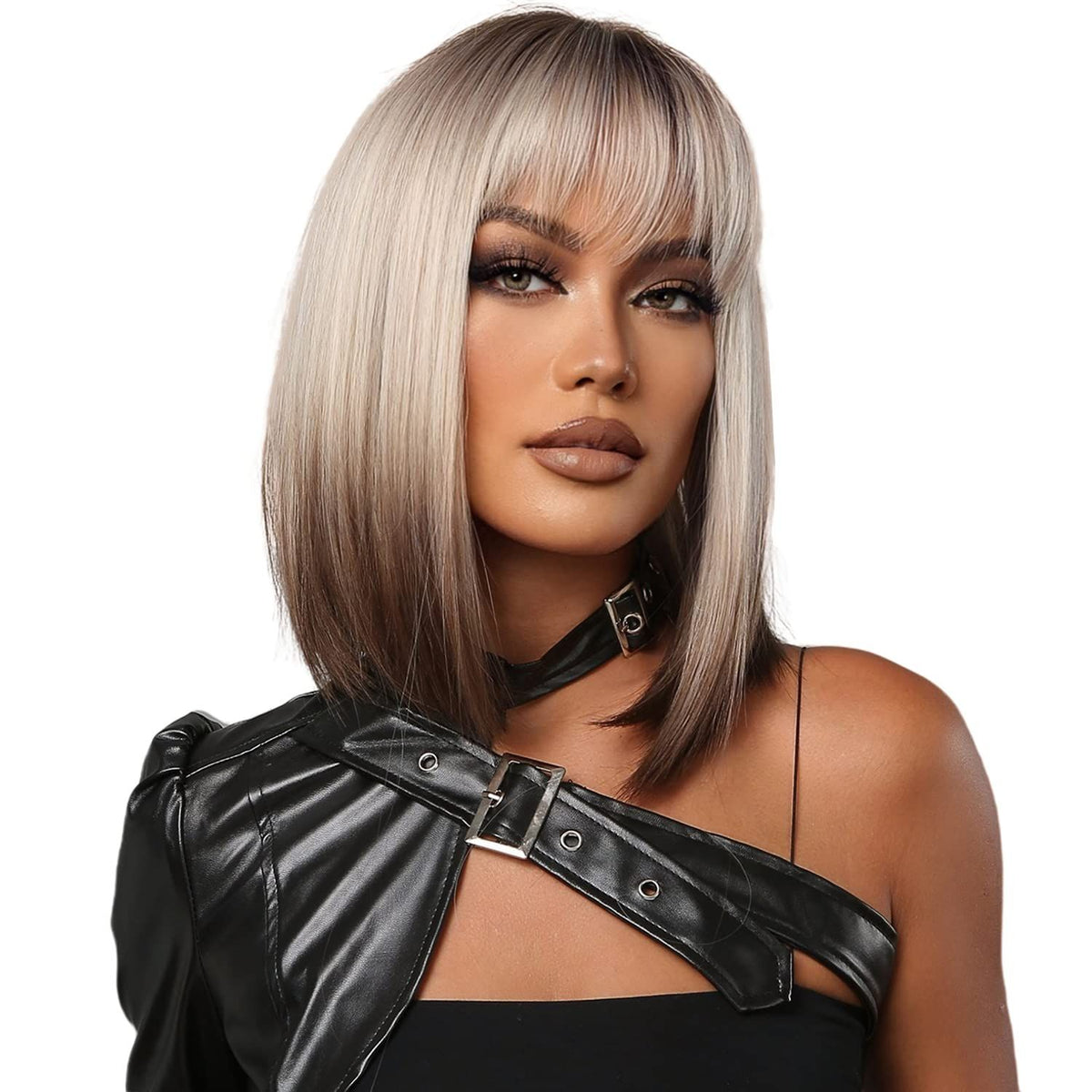Synthetic blonde to brown short bob wig with bangs, dark roots, shoulder length straight hair, natural look for dolls or toys.
