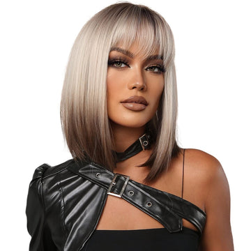 Synthetic blonde to brown short bob wig with bangs, dark roots, shoulder length straight hair, natural look for dolls or toys.