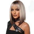 Blonde to brown synthetic short bob wig with bangs for kids, shoulder length straight natural style with dark roots.
