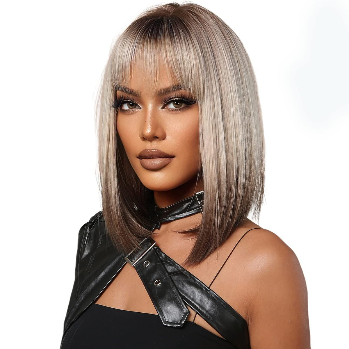 Blonde to brown synthetic short bob wig with bangs for kids, shoulder length straight natural style with dark roots.