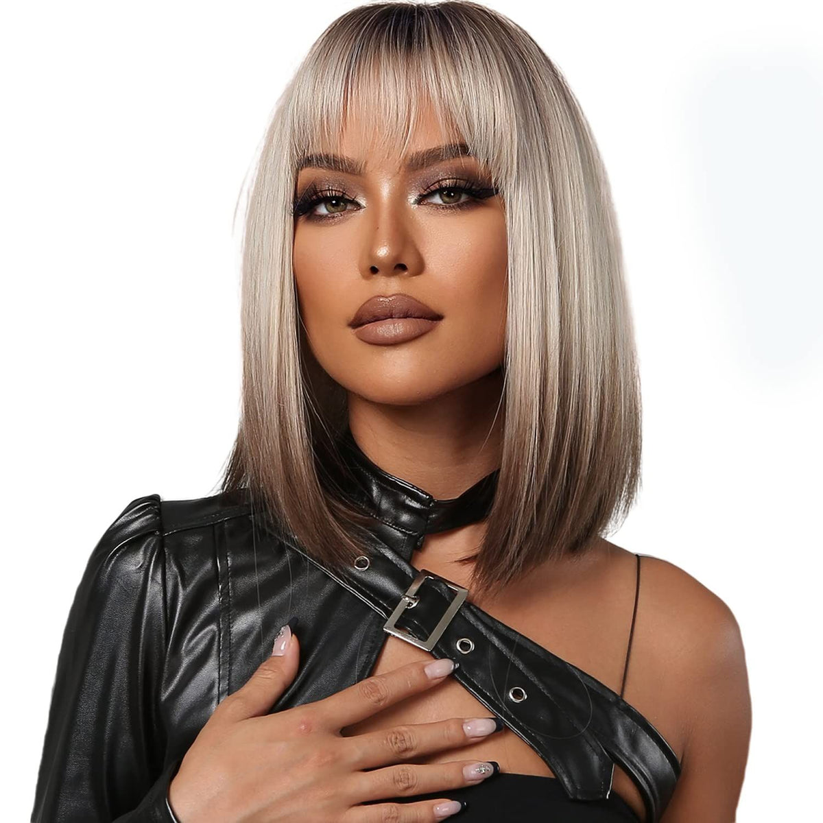 Short blonde to brown synthetic bob wig with bangs, dark roots, shoulder length straight style for kids, natural look.