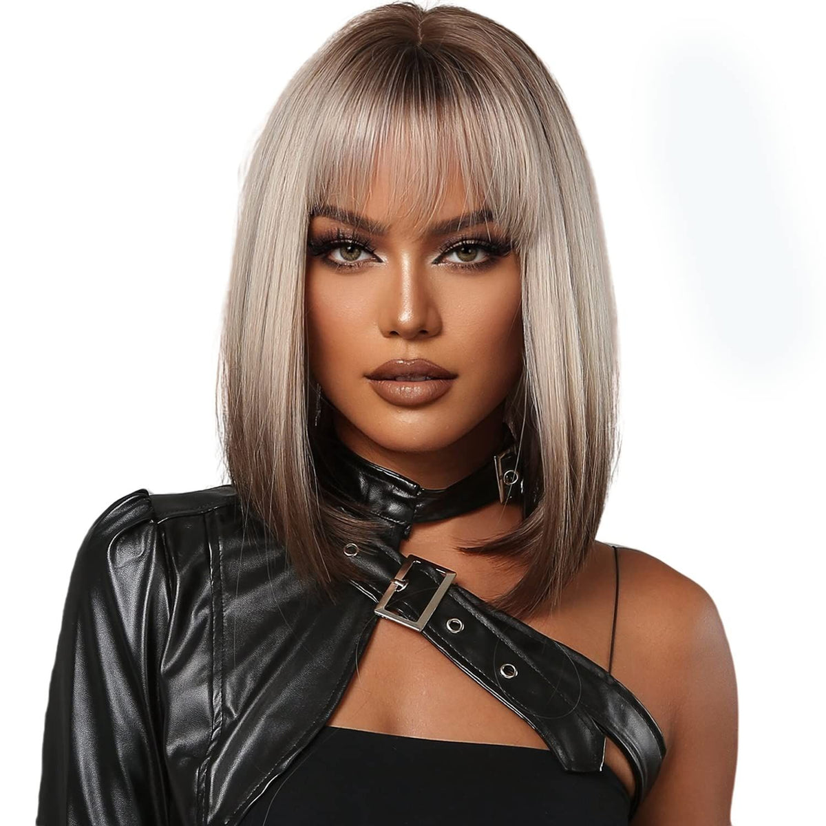 Short blonde to brown synthetic bob wig with bangs, dark roots, shoulder length, straight, natural look for dolls or kids.