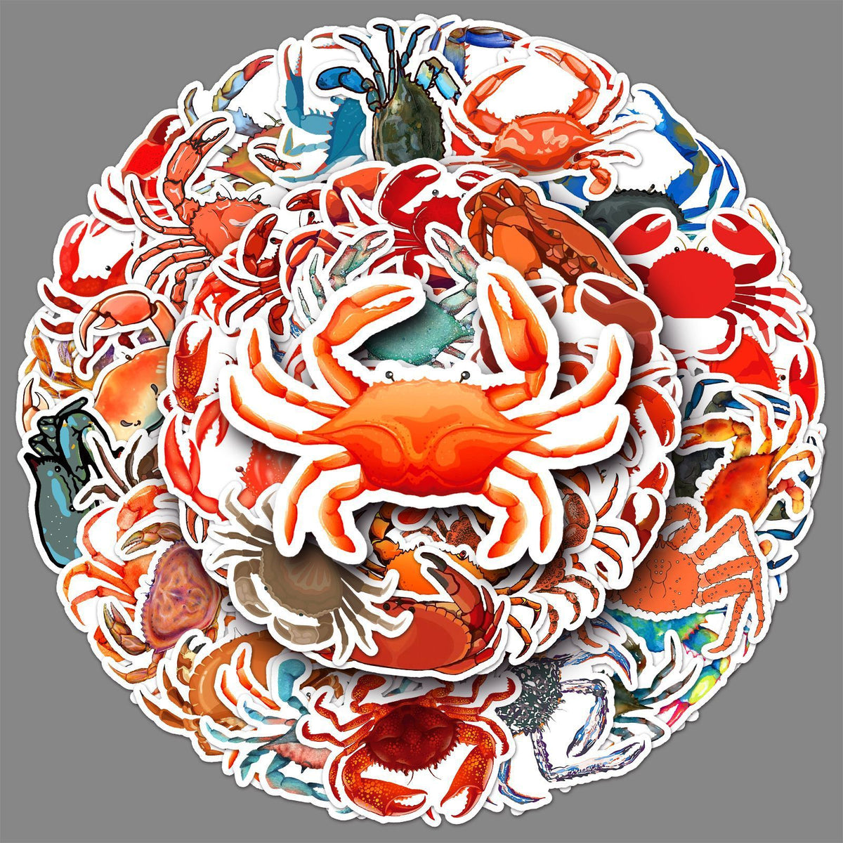 Set of 50 cute crab vinyl stickers for kids, waterproof cartoon decals for water bottles, laptops, and flasks, by Everything Baby.