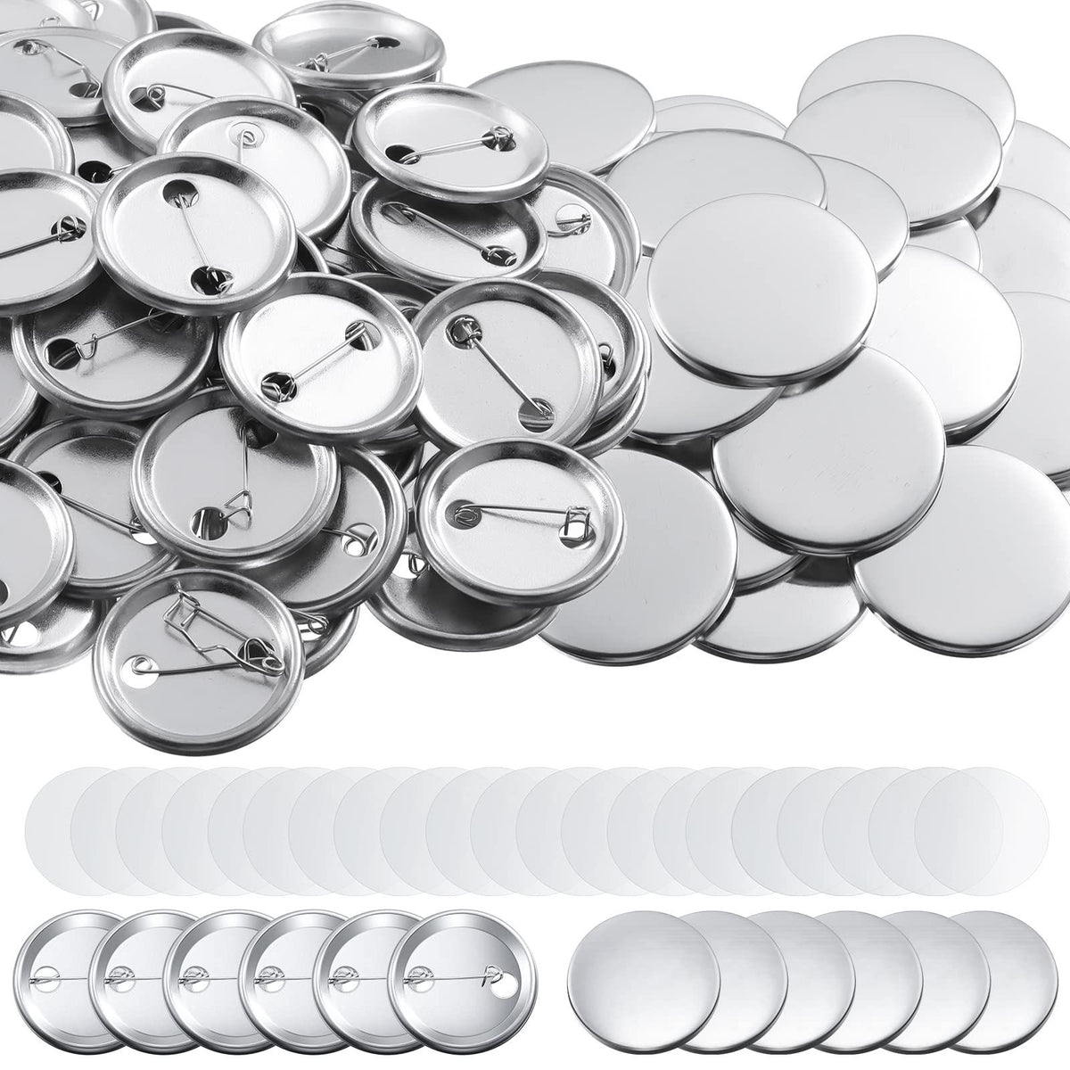 Set of 100 blank round badge button making supplies with metal shells, backs, and clear film, 1.73 inches for DIY craft projects.
