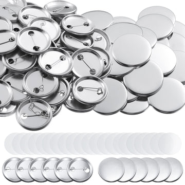 Set of 100 blank round badge button making supplies with metal shells, backs, and clear film, 1.73 inches for DIY craft projects.