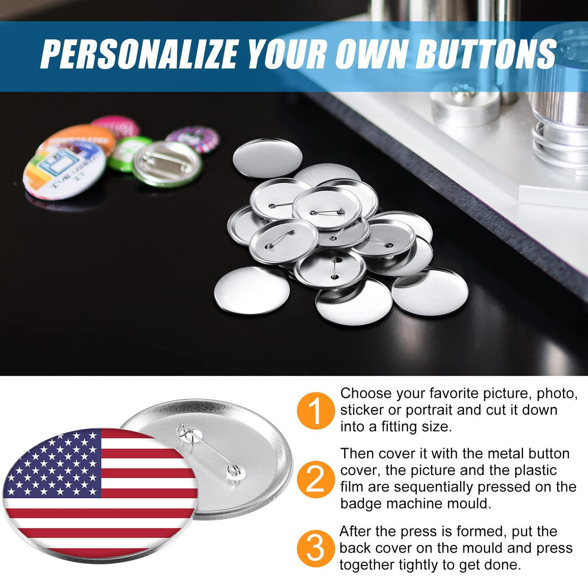 Set of 100 blank round button making supplies with metal shells, back covers, and clear film, 1.73 inches for DIY badge crafts