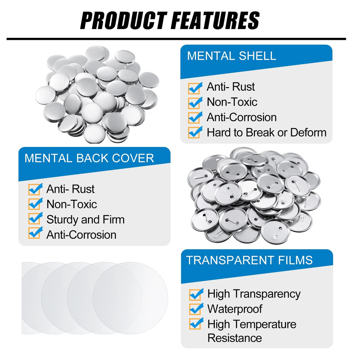 Set of 100 blank round button making supplies with metal shells, backs, and clear films, 1.73 inches for DIY baby and kids toys.