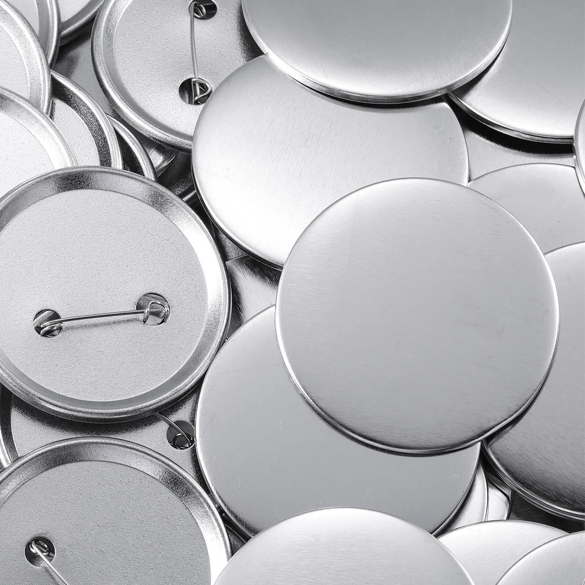 Set of 100 blank round button making supplies with metal shells, back covers, and clear film, ideal for DIY baby and kid's building toys